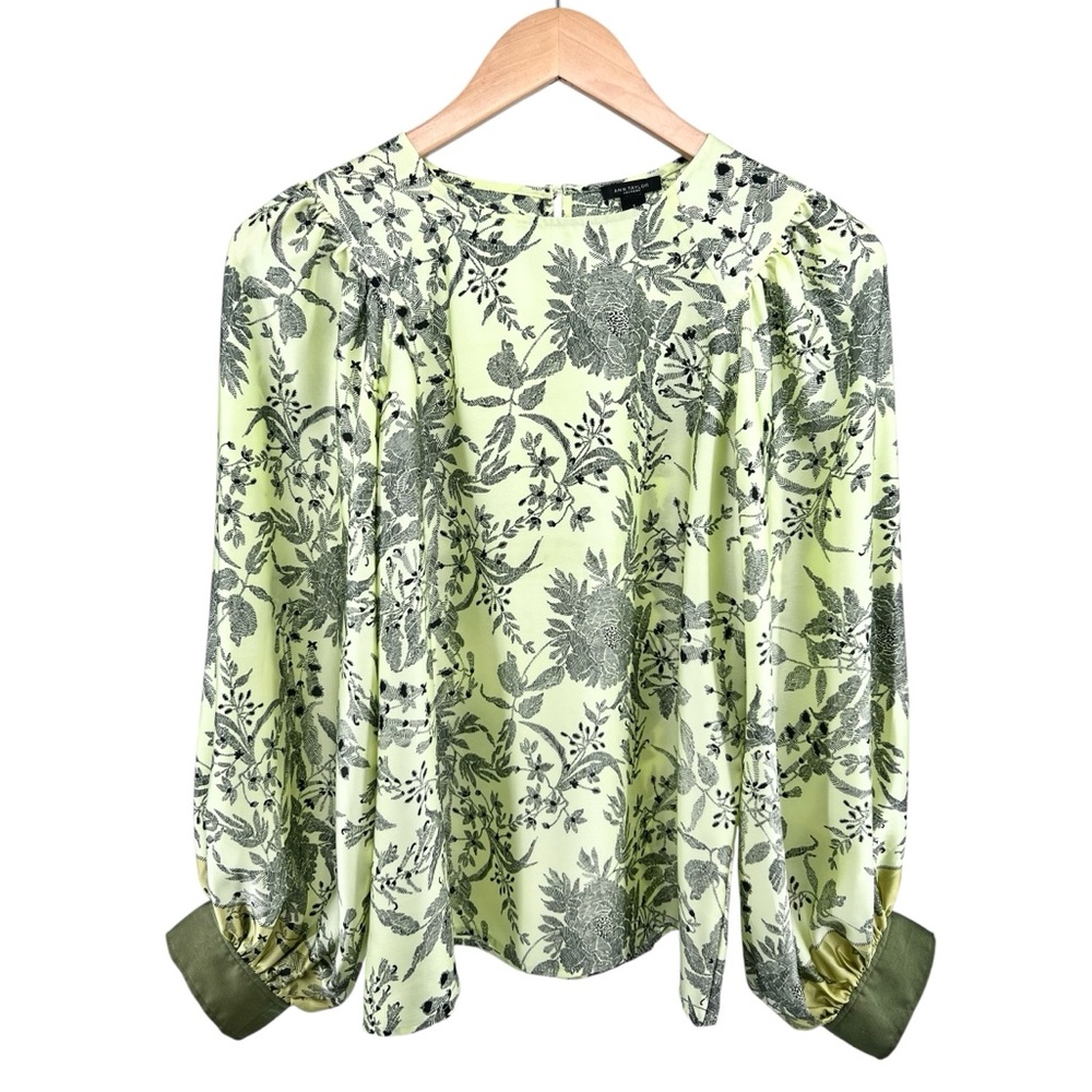 Ann Taylor Floral Toile Blouse Top Sz S Light Green Billowy Bishop Sleeves